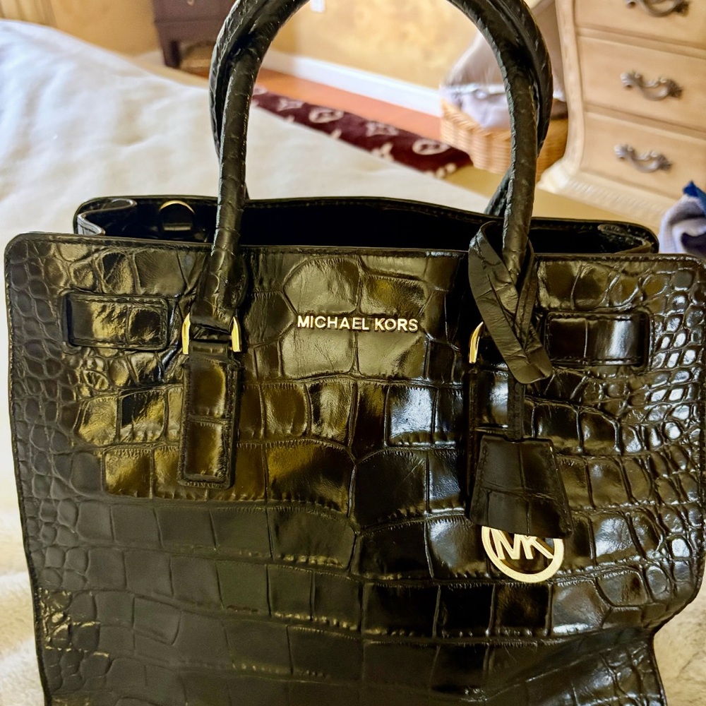 Michael Kors Black Croc-Embossed Satchel with Gold Hardware